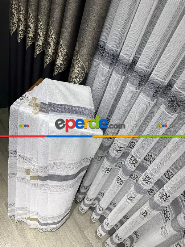 Örme Tül Perde - Etek Ucu Desenli ve Bantlı Tül - Ekru/Gri/Altın/Gold/Beyaz