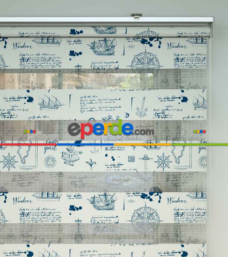 Denizci Desen Baskılı Zebra Perde- Lacivert-mavi-beyaz