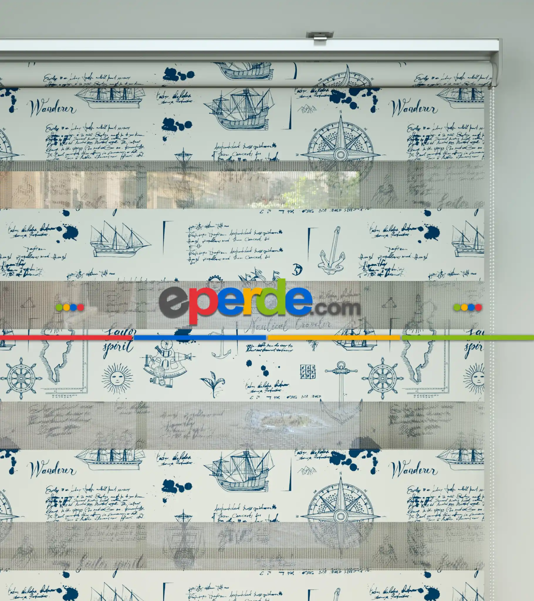 Bebek Odası Zebra Perde - Denizci Desen Baskılı Zebra Perde- Lacivert-Mavi-Beyaz