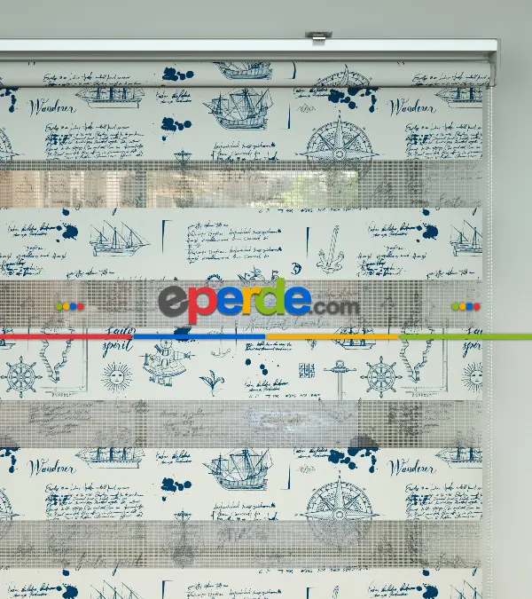 Bebek Odası Zebra Perde - Denizci Desen Baskılı Zebra Perde- Lacivert-Mavi-Beyaz