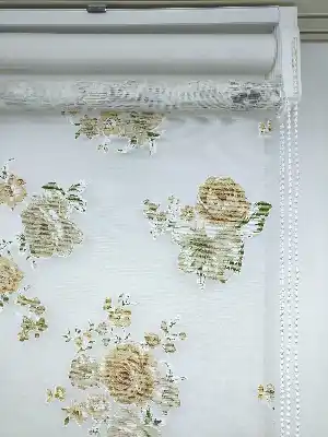 Çiçek Desenli Tül Stor Perde Yeşil Ve Sütlü Kahve- Yeşil-Sütlü Kahve