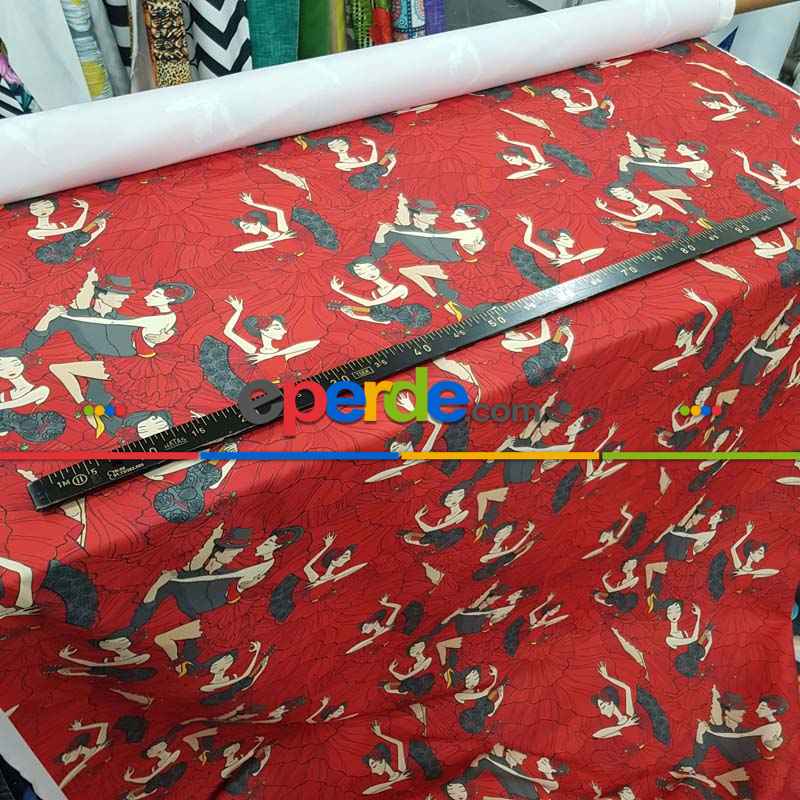 Dans Desenli Fon Perde Evm704 Kumaşı Kalındır Duck Bezi Değildir- Siyah-Kırmızı