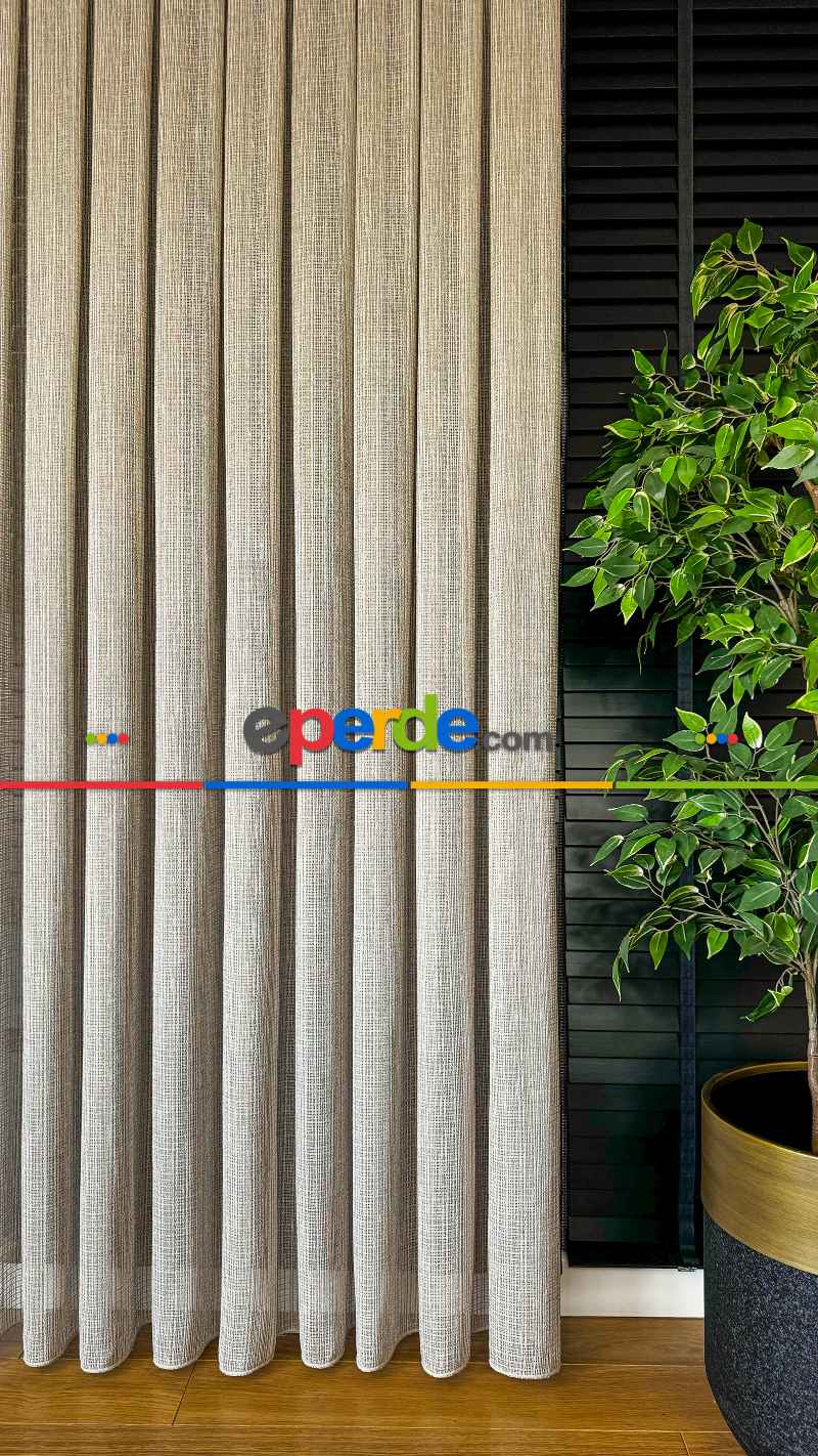 Oturma Odası - Açık Kahve Özel Dokuma, Özel İplik Keten Düz Tül Perde - Ağır Gramajlı Premium