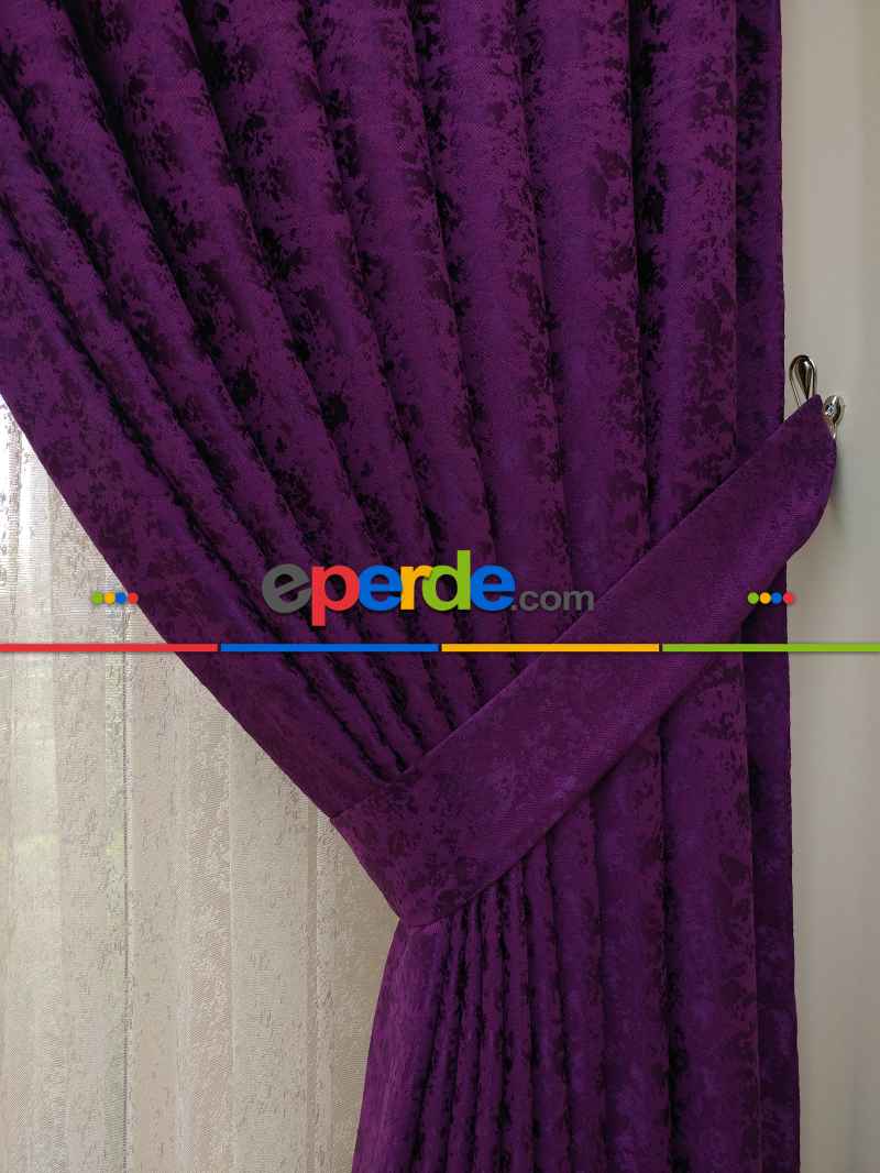 Eflatun Rengi Kendinden Desenli Jakar Fon Perde (285 En)- Eflatun