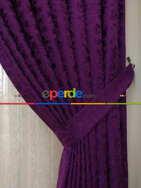 Eflatun Rengi Kendinden Desenli Jakar Fon Perde (285 En)- Eflatun