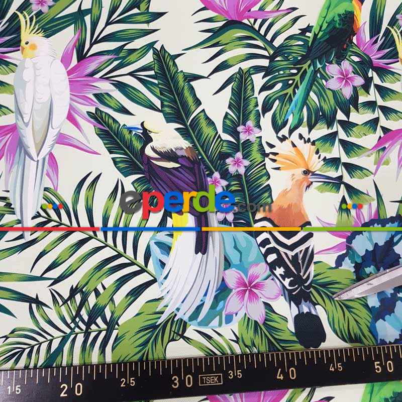 Papağan Ve Tropikal Desenli Fon Perde Evm1093 Kumaşı Kalındır Duck Bezi Değildir- Yeşil-Beyaz