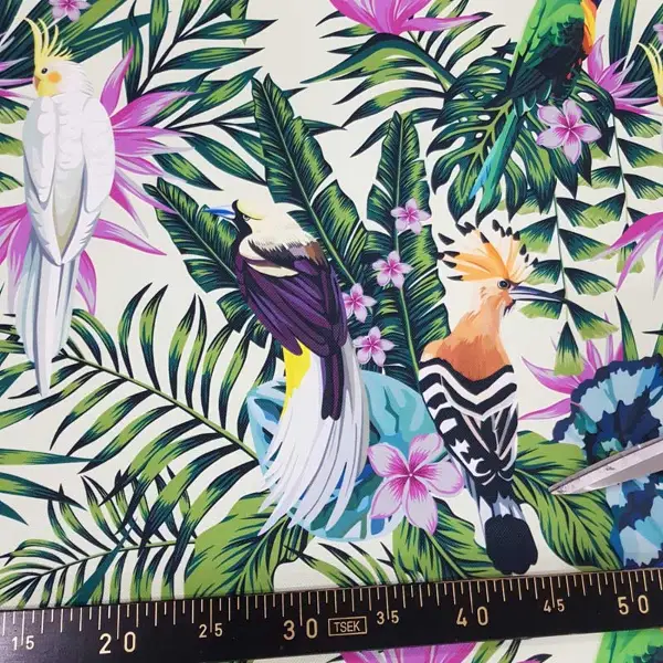 Papağan Ve Tropikal Desenli Fon Perde Evm1093 Kumaşı Kalındır Duck Bezi Değildir- Yeşil-Beyaz