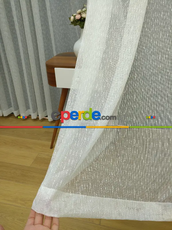 Ekru Renk Şantuk Keten Örme Tül Perde ( Etek Katlamalı )- Ekru