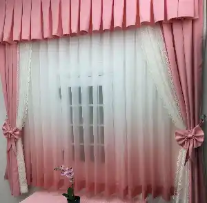 Fonlu Farbalı Tam Takım Perde - Tül Perdesi Hediyedir- Pembe-Ekru