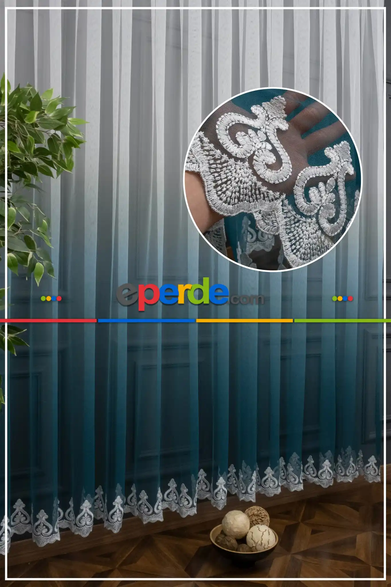 Salon Tül - Etek Nakışlı Petrol Renk Geçişli Tül Perde- Petrol Mavisi