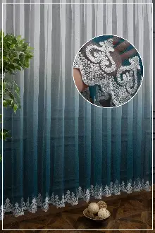 Yatak Odası - Turkuaz Renk Degrade Geçişli Etek Nakışlı Model Tasarım Grek Tül Perde- Petrol Mavisi