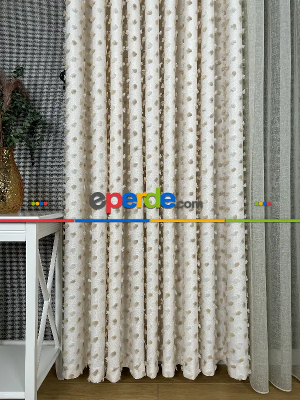 Yatak Odası - Krem Kahve Ponponlu Jakar Dokuma, Premium Kalite Serisi Fon Perde