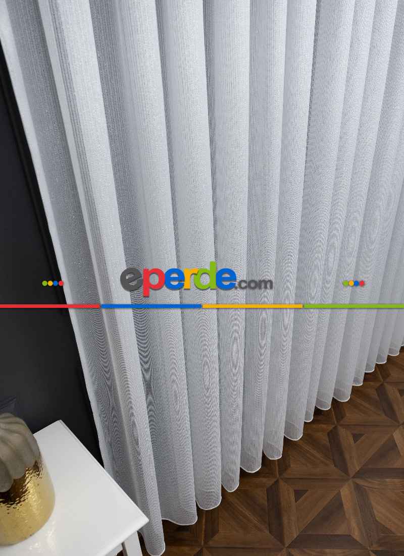 Gümüş Simli İnce Çizgili Gramajlı Dökümlü Kaliteli Tül Ekru