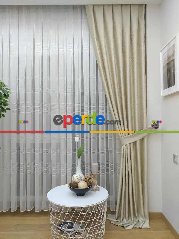 Krem Desenli Jakar Fon Perde- Krem