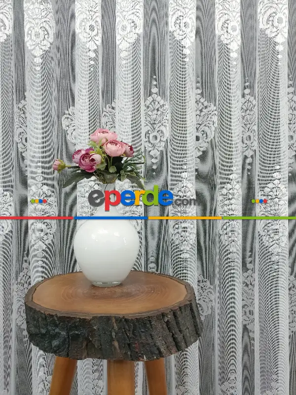 Serpme Damask Desenli Fransız Dantel Tül Perde- Ekru