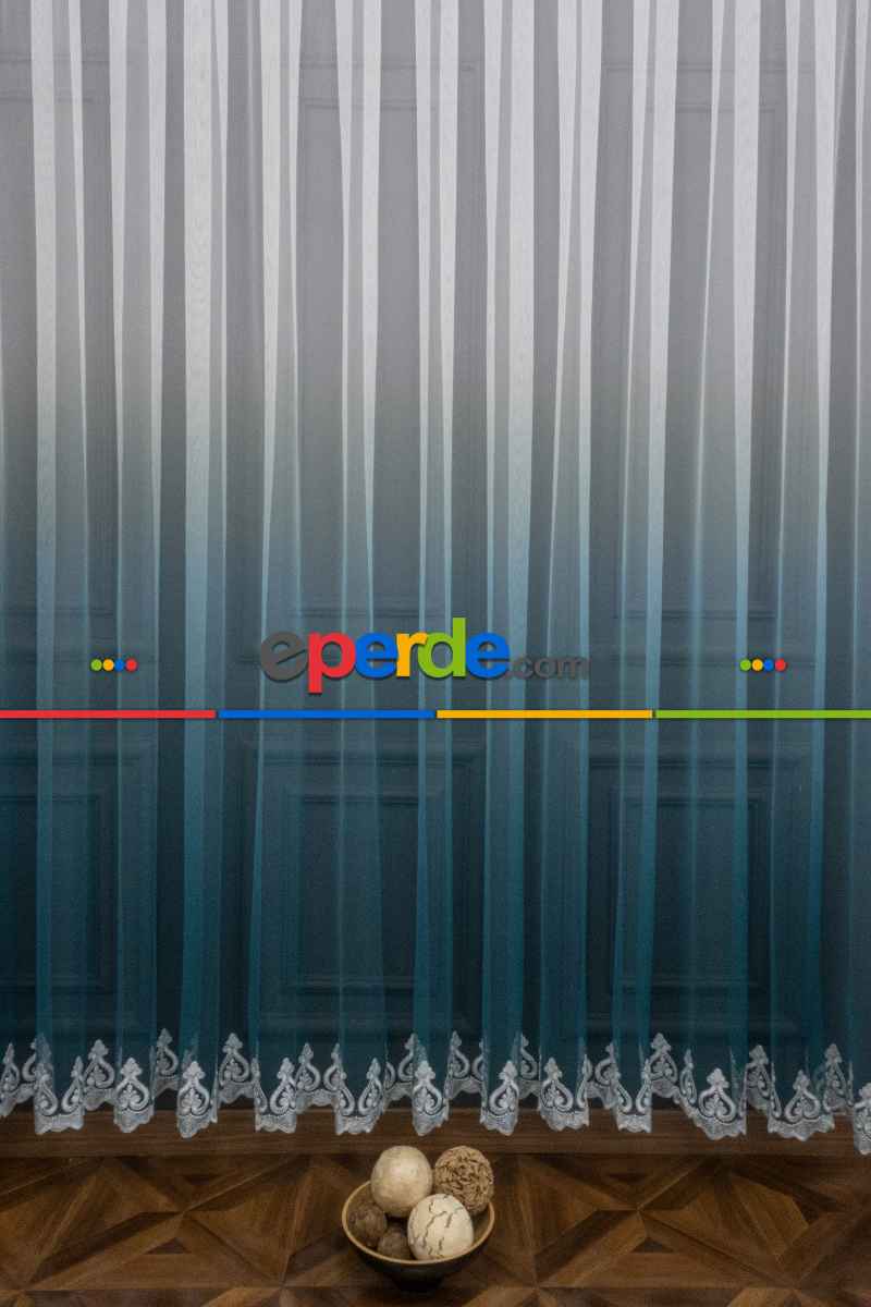Turkuaz Etek Nakışlı Renk Geçişli Degrade Tasarım Tül Perde