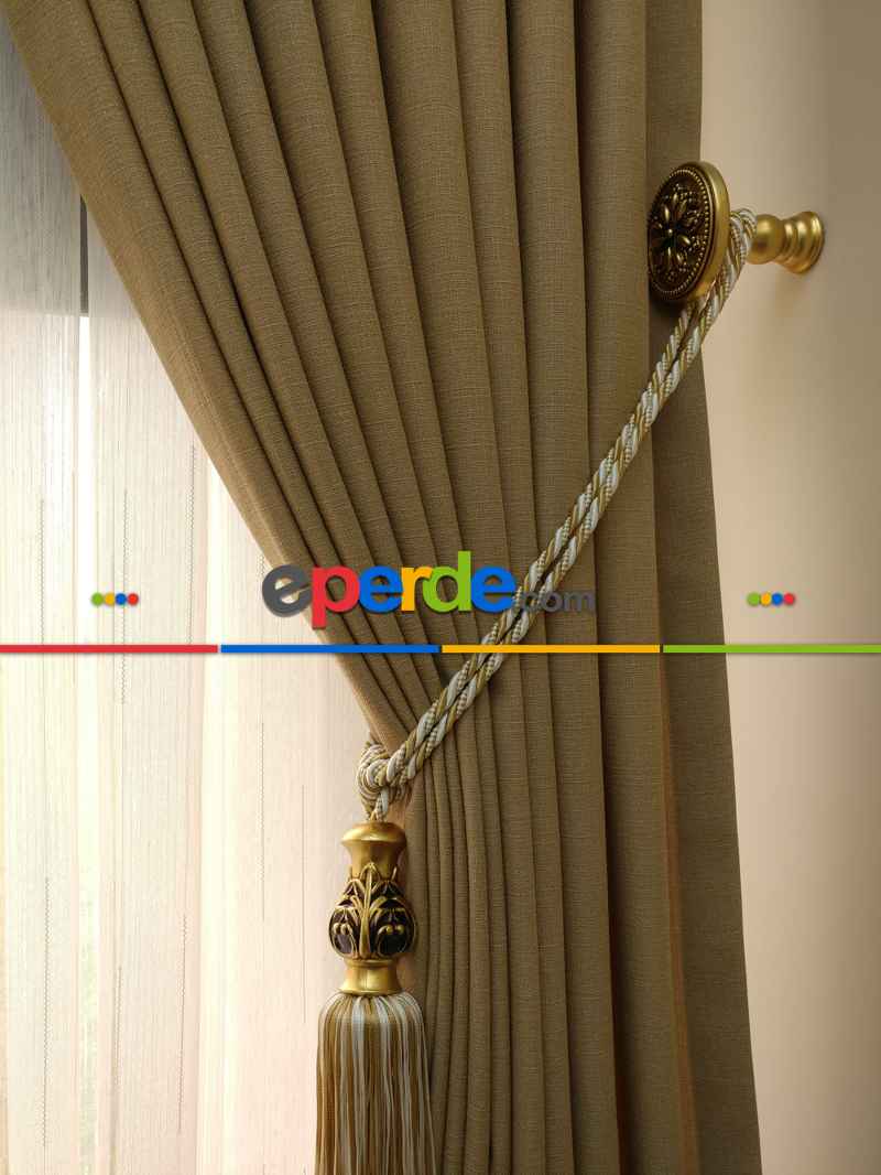 Yatak Odası - Keten Açık Be Rengi Düz Fon Perde- Taş Rengi