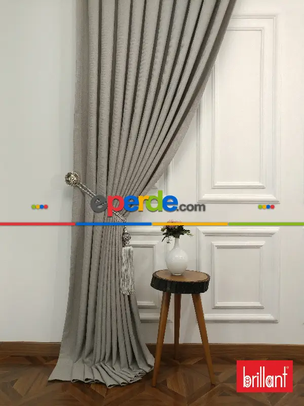 Brillant Keten Açık Gri Renk Düz Fon Perde 180cm- Açık Gri