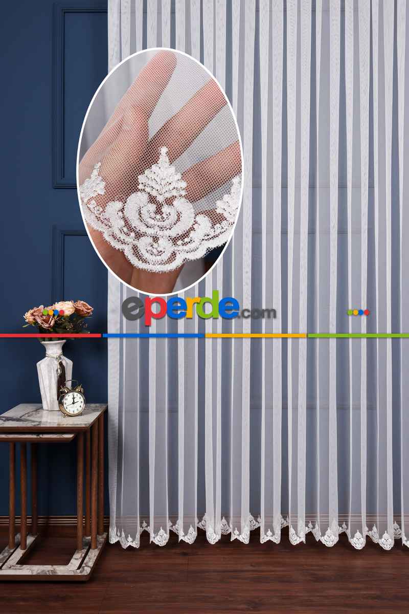 Mutfak Grek Etek Ucu İşlemeli Nakış Damaks Tül Ekru Renk - Kırık Beyaz- Ekru