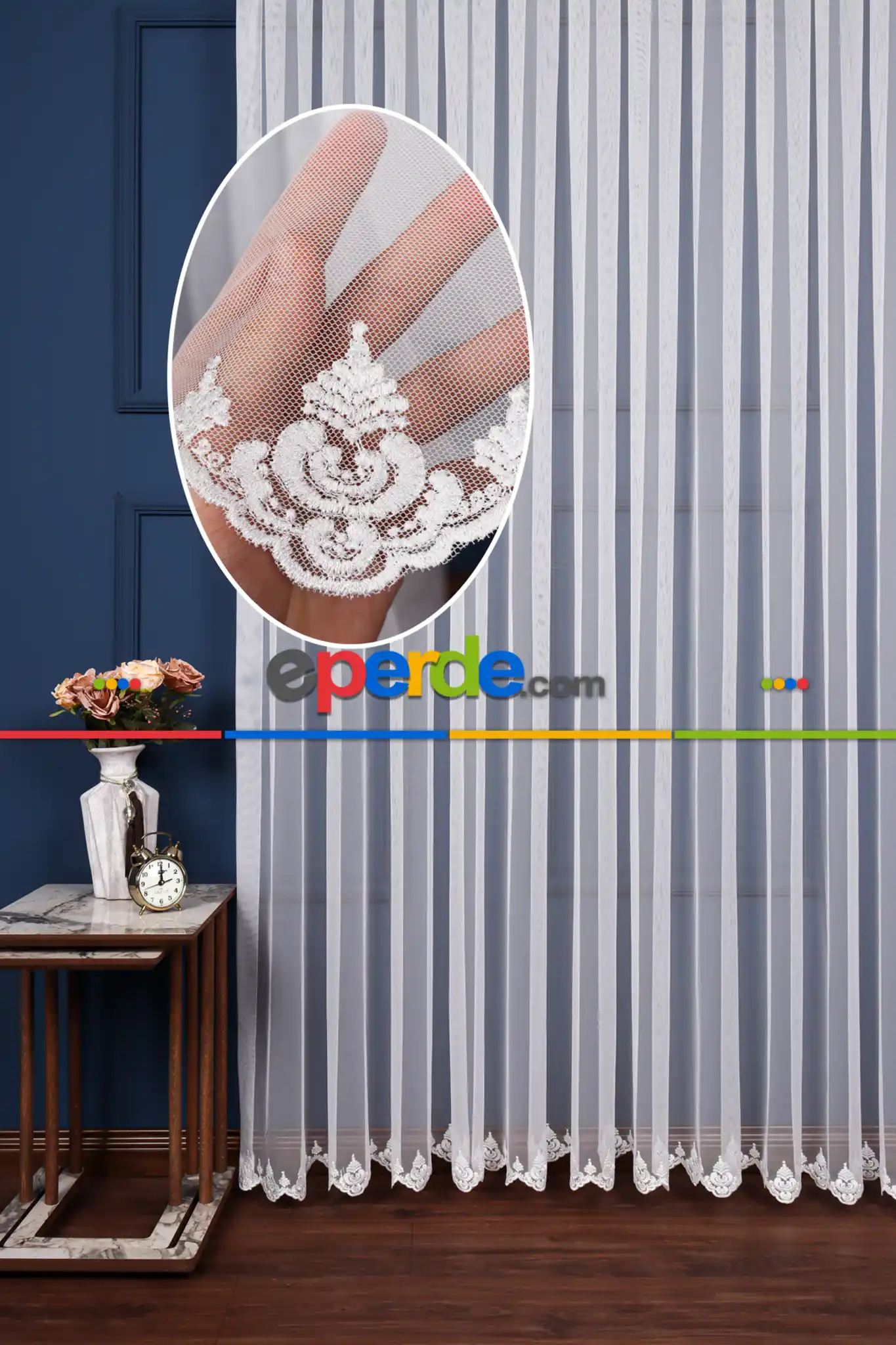 Salon Tül Perde - Grek Etek Ucu İşlemeli Nakış Damaks Tül Ekru Renk - Kırık Beyaz- Ekru