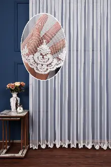 Salon Tül Perde - Grek Etek Ucu İşlemeli Nakış Damaks Tül Ekru Renk - Kırık Beyaz- Ekru