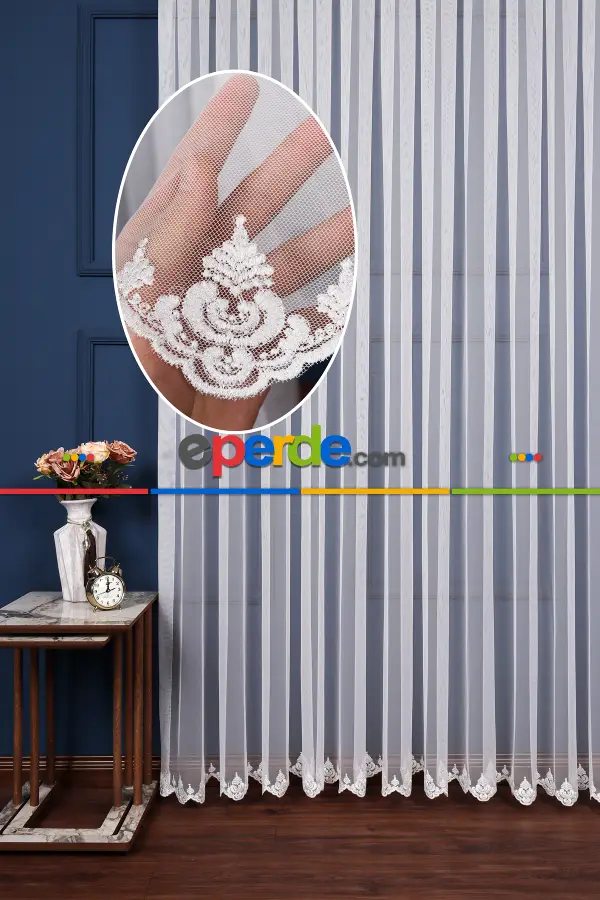 Salon Tül Perde - Grek Etek Ucu İşlemeli Nakış Damaks Tül Ekru Renk - Kırık Beyaz- Ekru