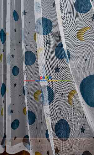 Hazır Ölçülü Petek Zemin Gece Mavisi Ve Sarı Renkli Gezegenler Desenli Grek Baskılı Tül Perde