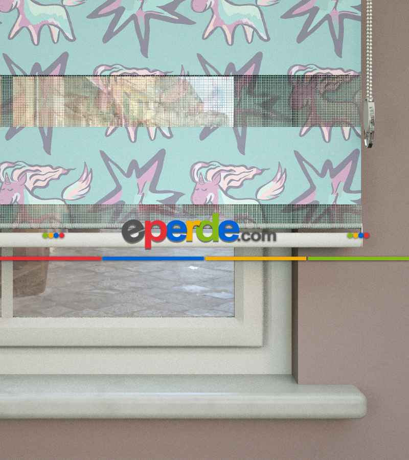 Unicorn Desenli Baskılı Zebra Perde- Çok Renkli