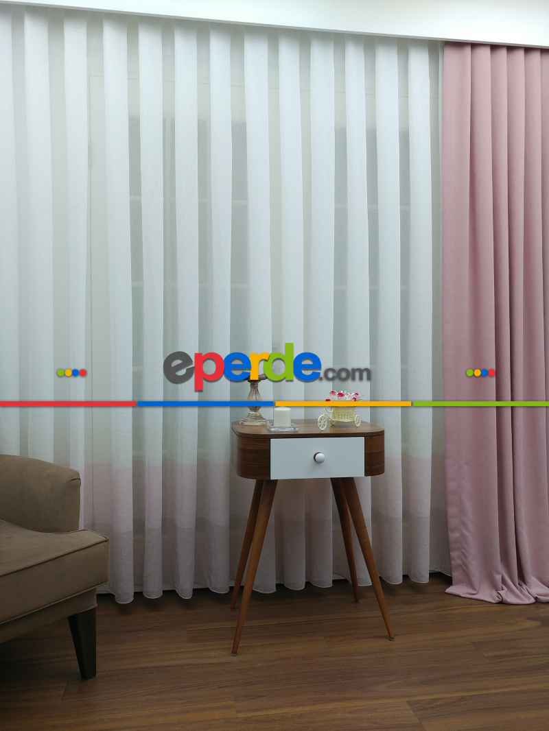 Mutfak - Pudra - Keten Tül Degrade Perde- Krem-pudra