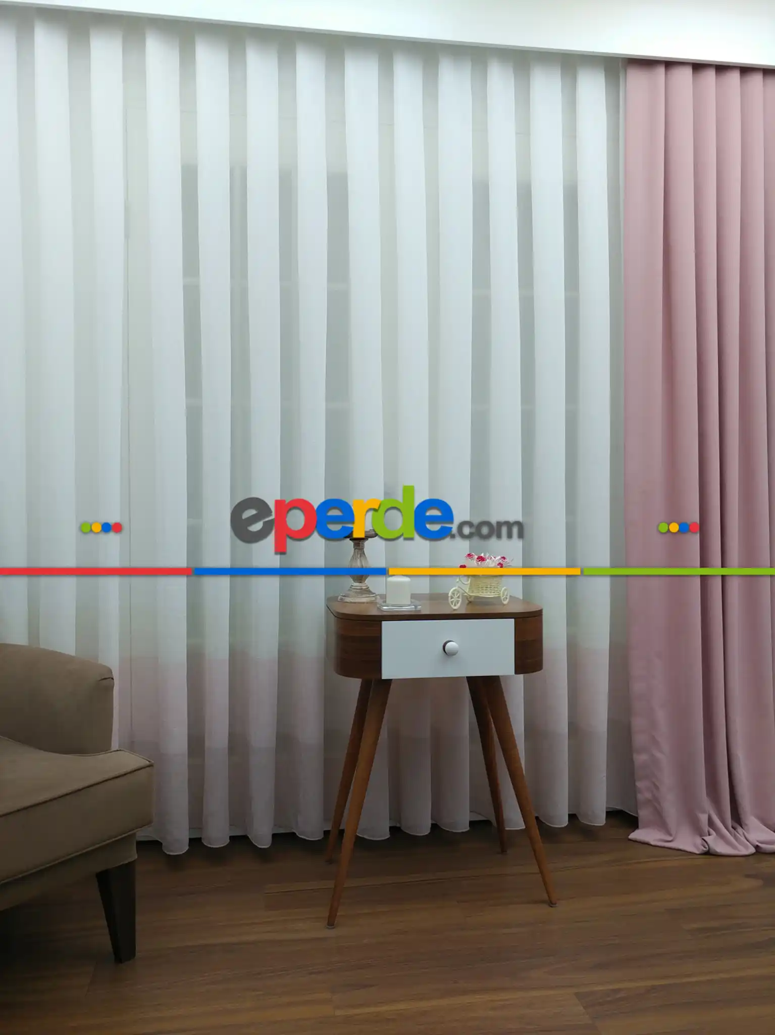 Pudra - Keten Tül Degrade Perde- Krem-pudra - Kurşunlu Tül