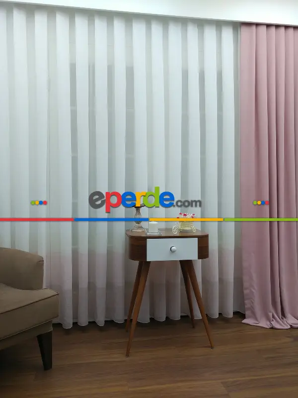 Salon Tül - Pudra - Keten Tül Degrade Perde- Krem-Pudra