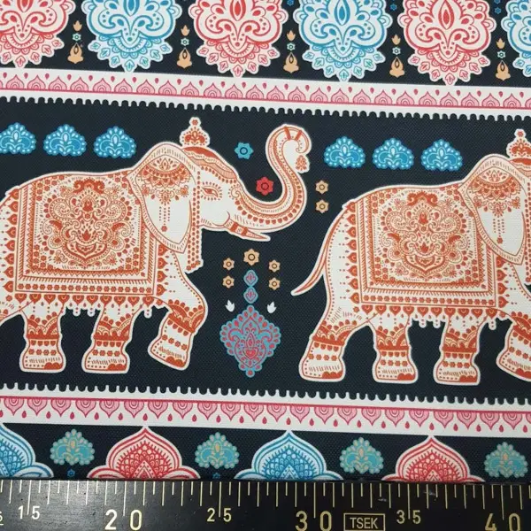 Etnik Fil Desenli Fon Perde Evm1058 Kumaşı Kalındır Duck Bezi Değildir- Siyah-Turkuaz-Pembe Koyu