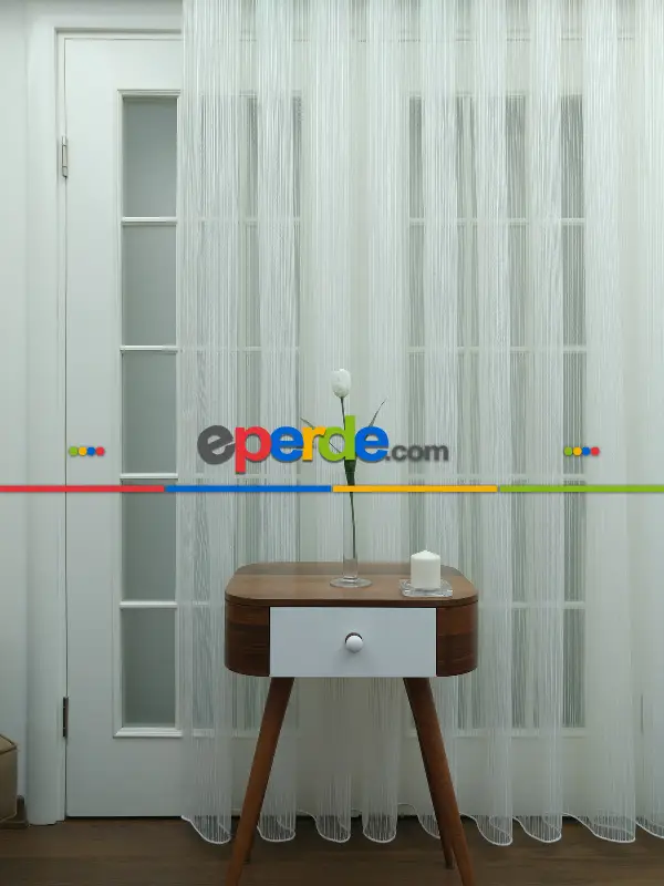 Ekru / Açık Krem Detaylı - Boyuna Çizgili Keten Tül Perde- Krem-ekru - Kurşunlu Tül