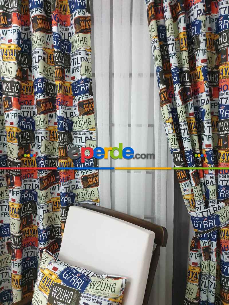 Kız ve Erkek Çocuk Odası Fon Perde - Pop Art Fon Perde - Plaka Desenli