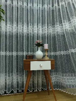 Mutfak Tülü Perdesi İşlemeli Güpürlü- Ekru