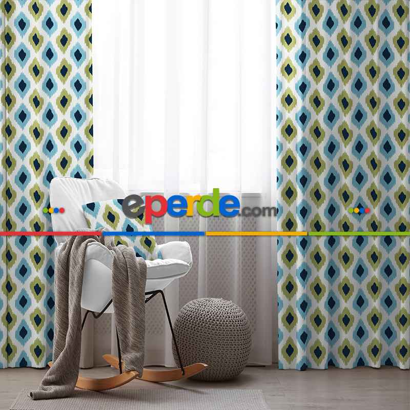 Genç Odası - Damla Fon Perde Evim1503-4 Kumaşı Kalındır Duck Bezi Değildir- Mavi-beyaz