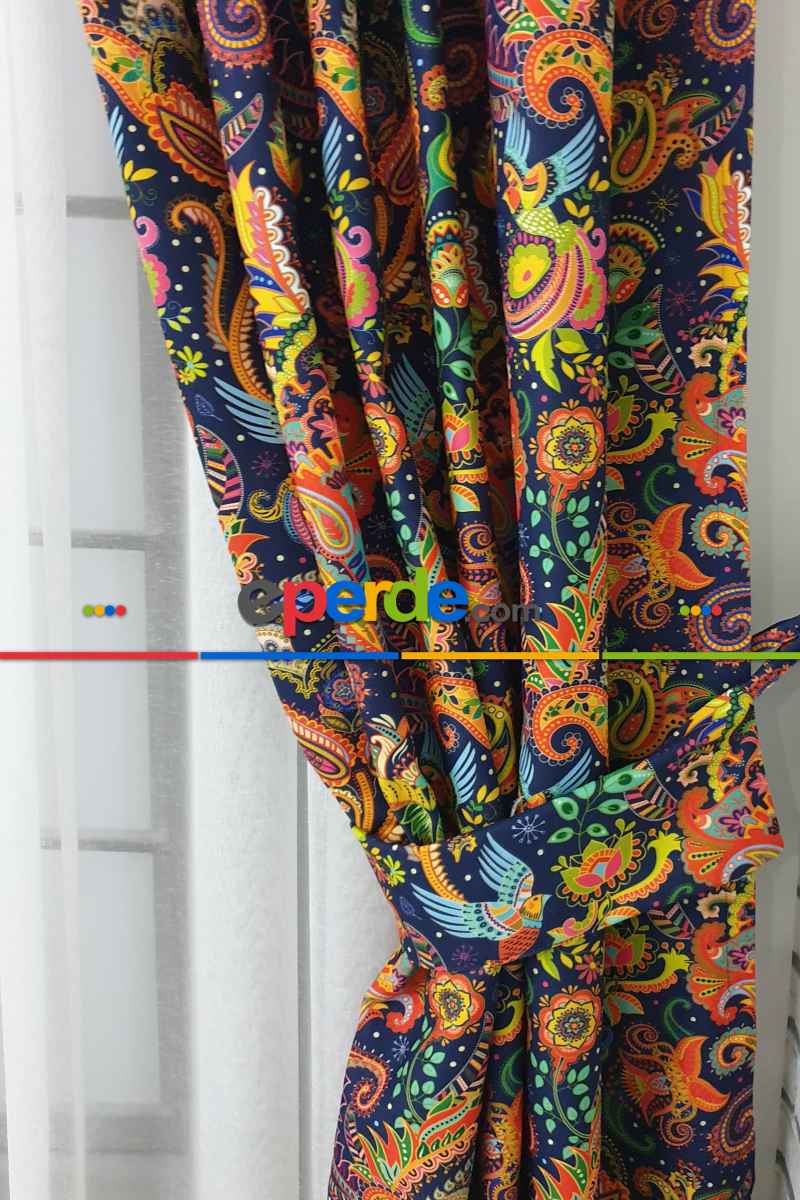 Etnik Desenli Fon Perde Evm452 _e - Kumaşı Kalındır Duck Bezi Değildir.- Lacivert-Mavi-Sarı-Kahve-Çok Renkli