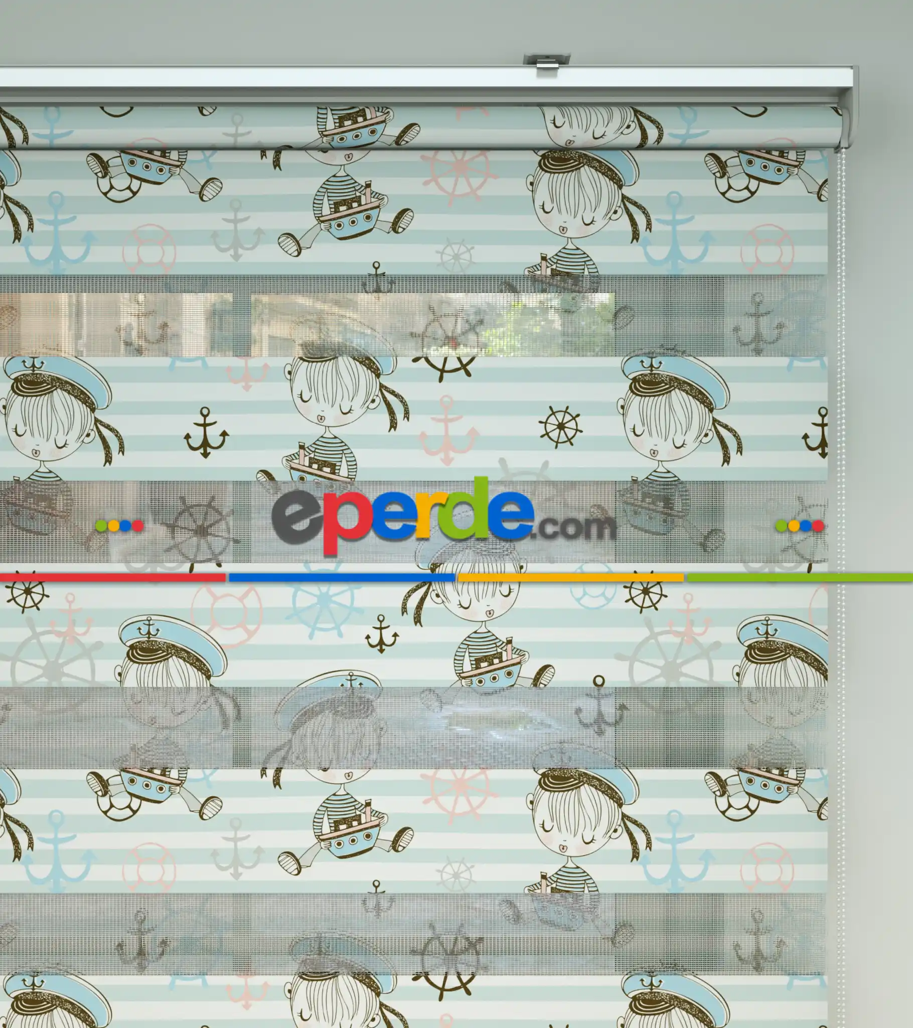 Bebek Odası Zebra -  Denizci Desenli Baskılı Zebra Perde- Çok Renkli