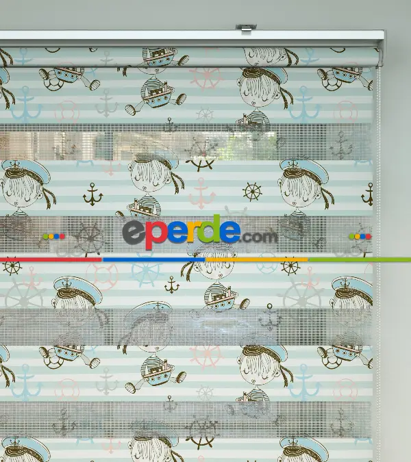 Bebek Odası Zebra -  Denizci Desenli Baskılı Zebra Perde- Çok Renkli