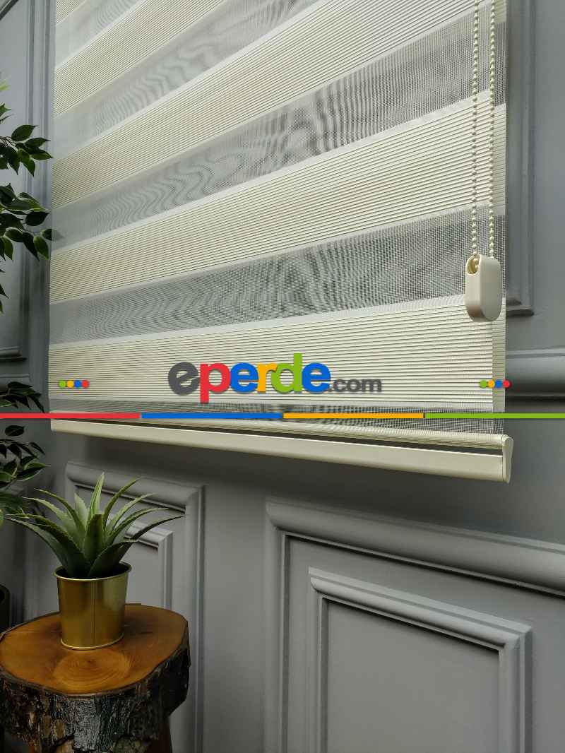 Mutfak Zebra Perde - Krem Renk, Yüksek Kalite İnce Plise Zebra Perde - Kornişe Kolay Montaj Ayağı Seçenekli - Standart Metal Kasalı