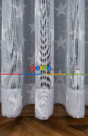 Kampanyalı Fiyat!! Gri Yıldız Desenli Keten Zeminli 1. Kalite Baskılı Etek Katlamalı Normal Pileli Tül Perde - Çocuk Odası