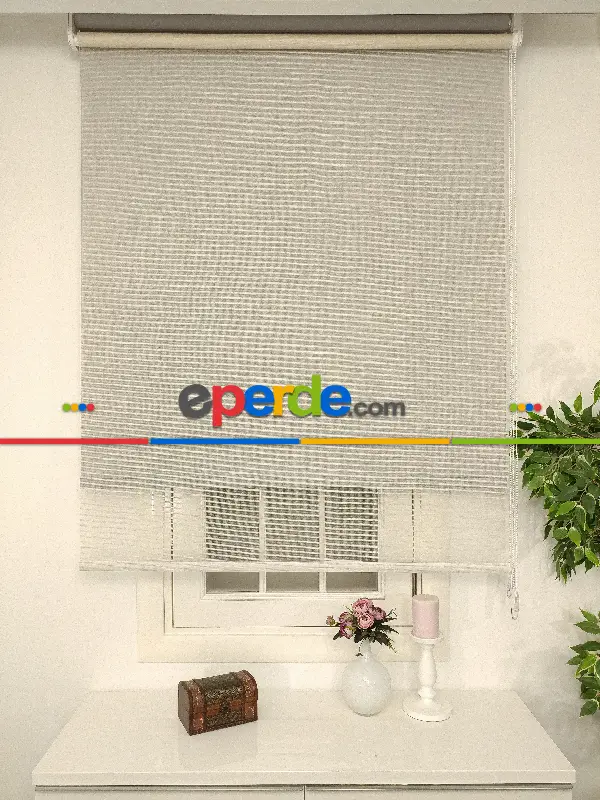 Çiftli Sistem Tül Stor Beyaz Krem Cizgili Tül- Beyaz-krem