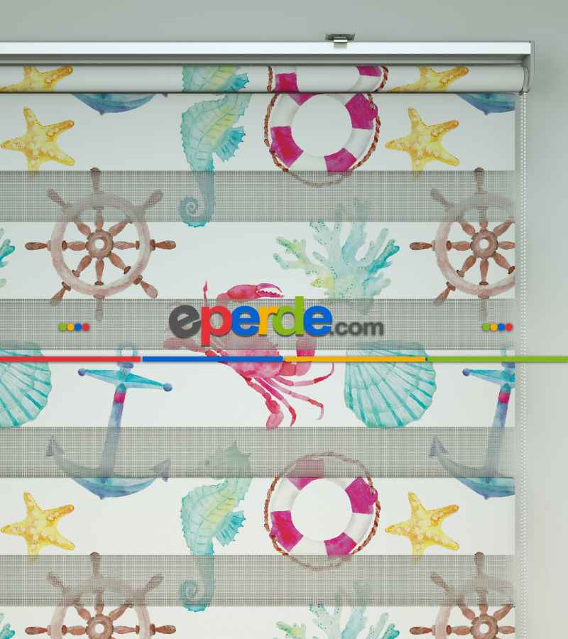 Çocuk Odası Zebra Perde - Çapa Baskılı Zebra Perde- Gri-Füme-Antrasit-Beyaz-Pembe