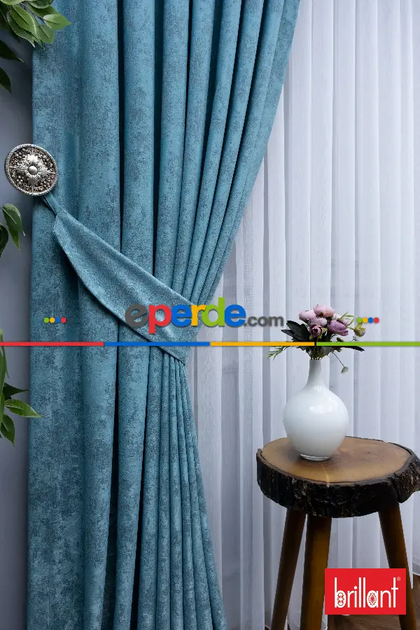 Patinedesenli Brillant Jakar Fon Perde(dökümlü Fon )- Petrol Mavisi