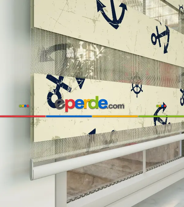 Bebek Odası Zebra Perde - Çapa Baskılı Zebra Perde- Lacivert-Kahve Açık