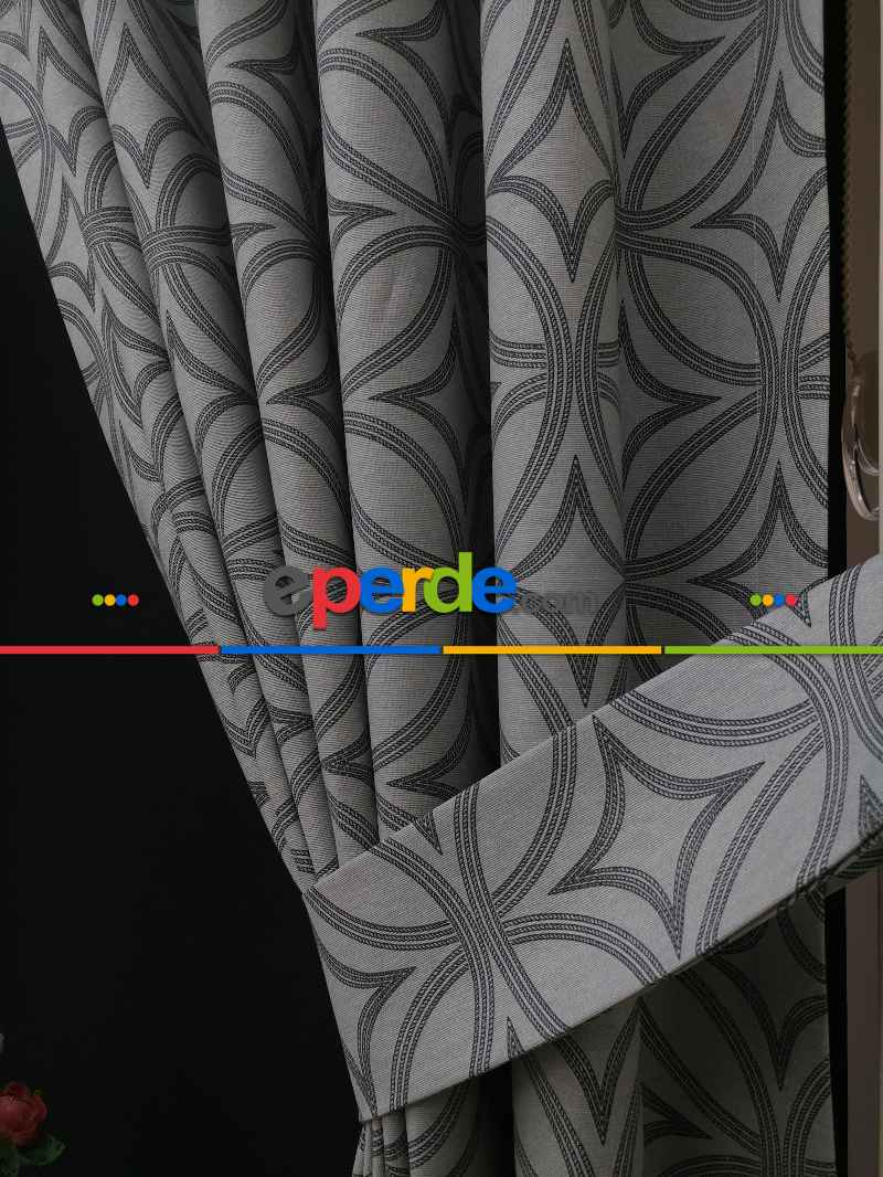 Dairesel Desenli Oturma Odası Fon Perde- Gri-füme-antrasit