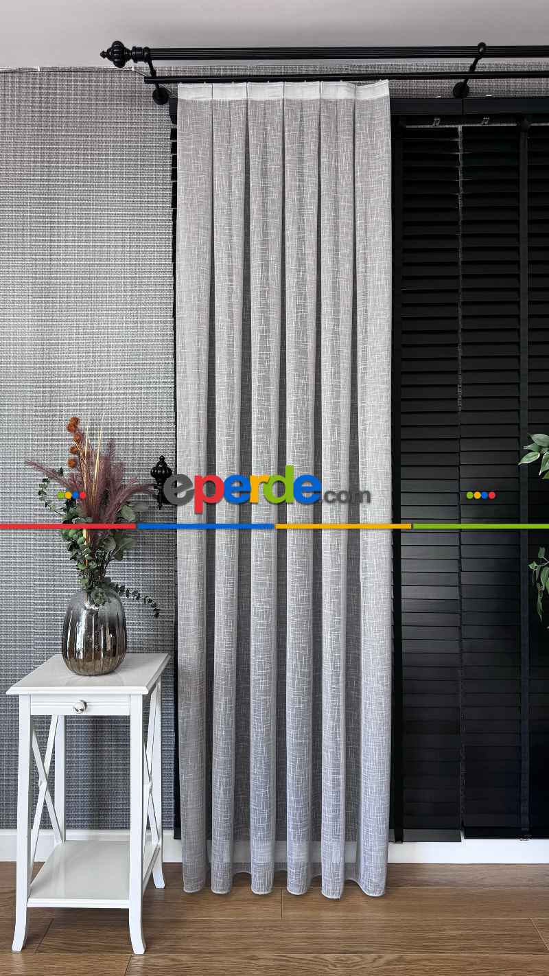 Açık Gri Keten Düz Tül Perde - Premium Serisidir, Eteği Kurşunlu Tül