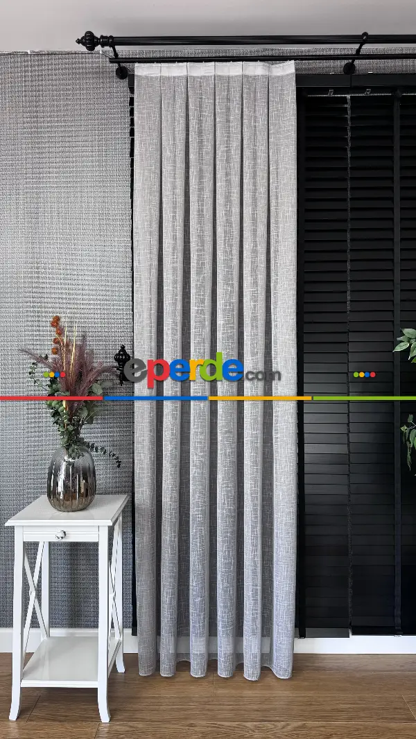Salon Açık Gri Naturel Keten Düz Tül Perde - Premium Serisidir, Eteği Kurşunlu Tül