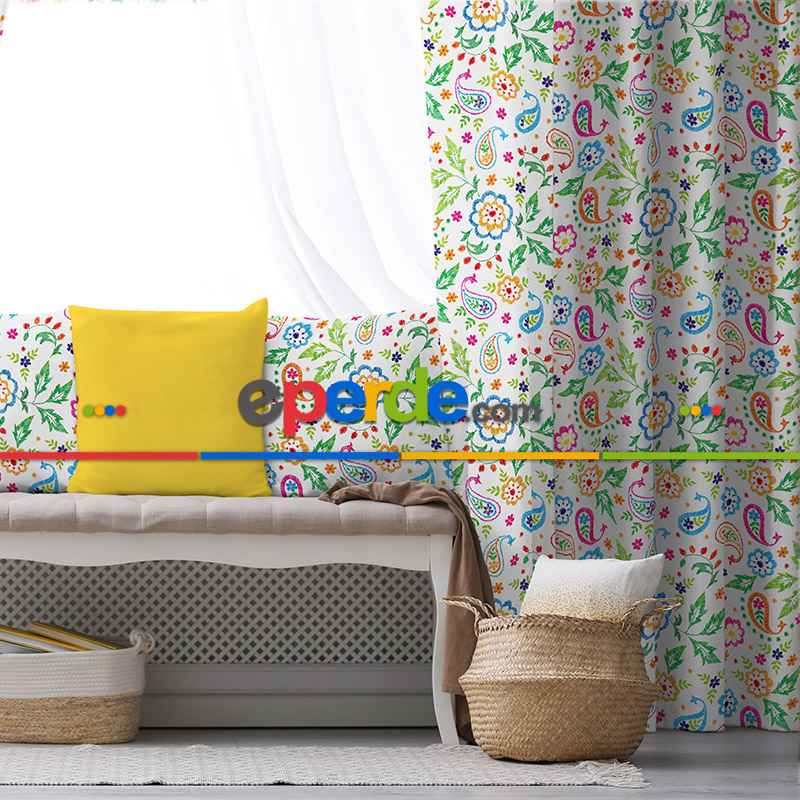 Etnik Desenli Fon Perde Evim801 Kumaşı Kalındır Duck Bezi Değildir- Mavi-beyaz