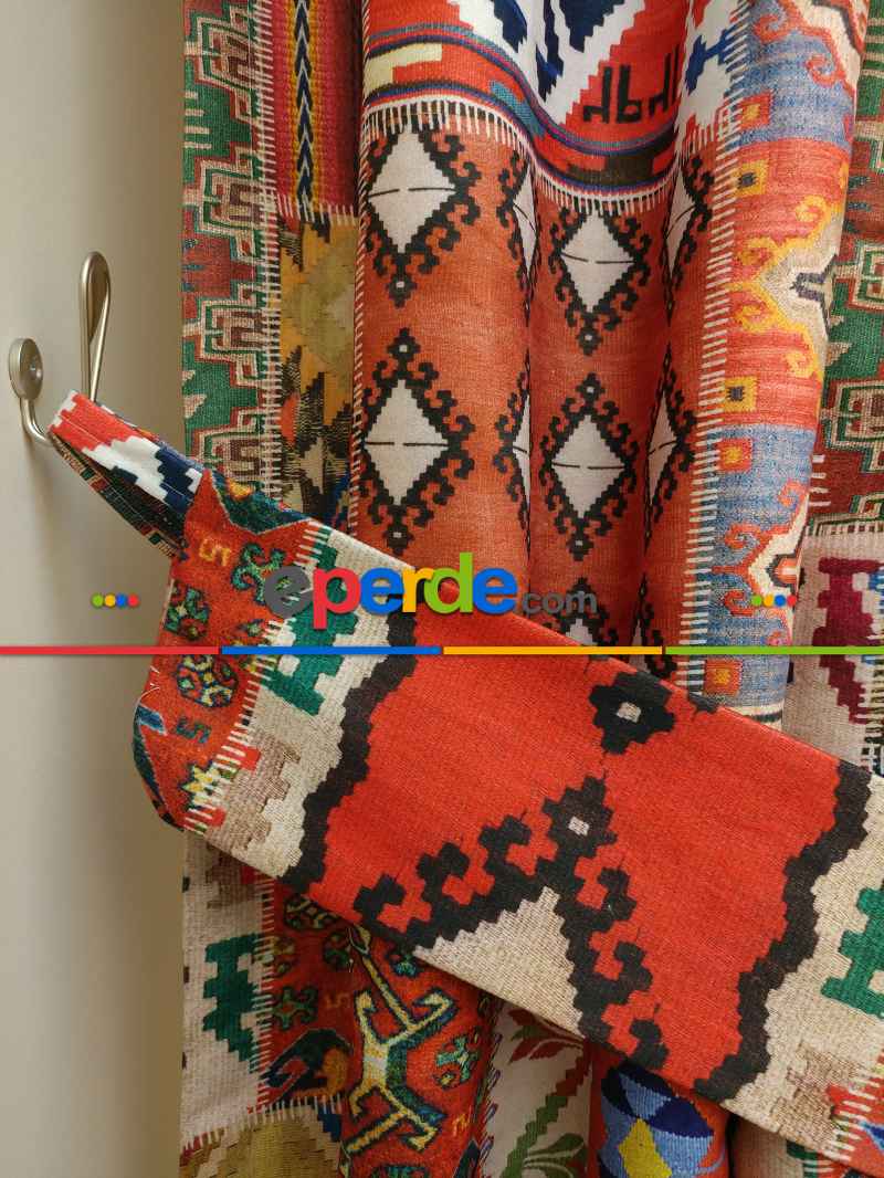 Mutfak Perdesi Kanat Fon Perde Kilim Desenli- Lacivert